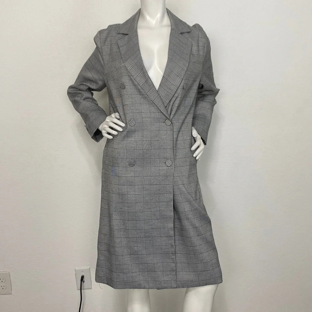Dress Forum Preppy Plaid Houndstooth Long Sleeve Academia Trench Coat Size M